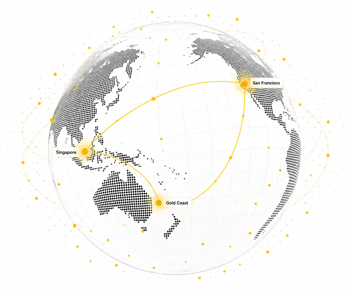 A globe tracing payment routes between Singapore, Gold Coast, and San Francisco